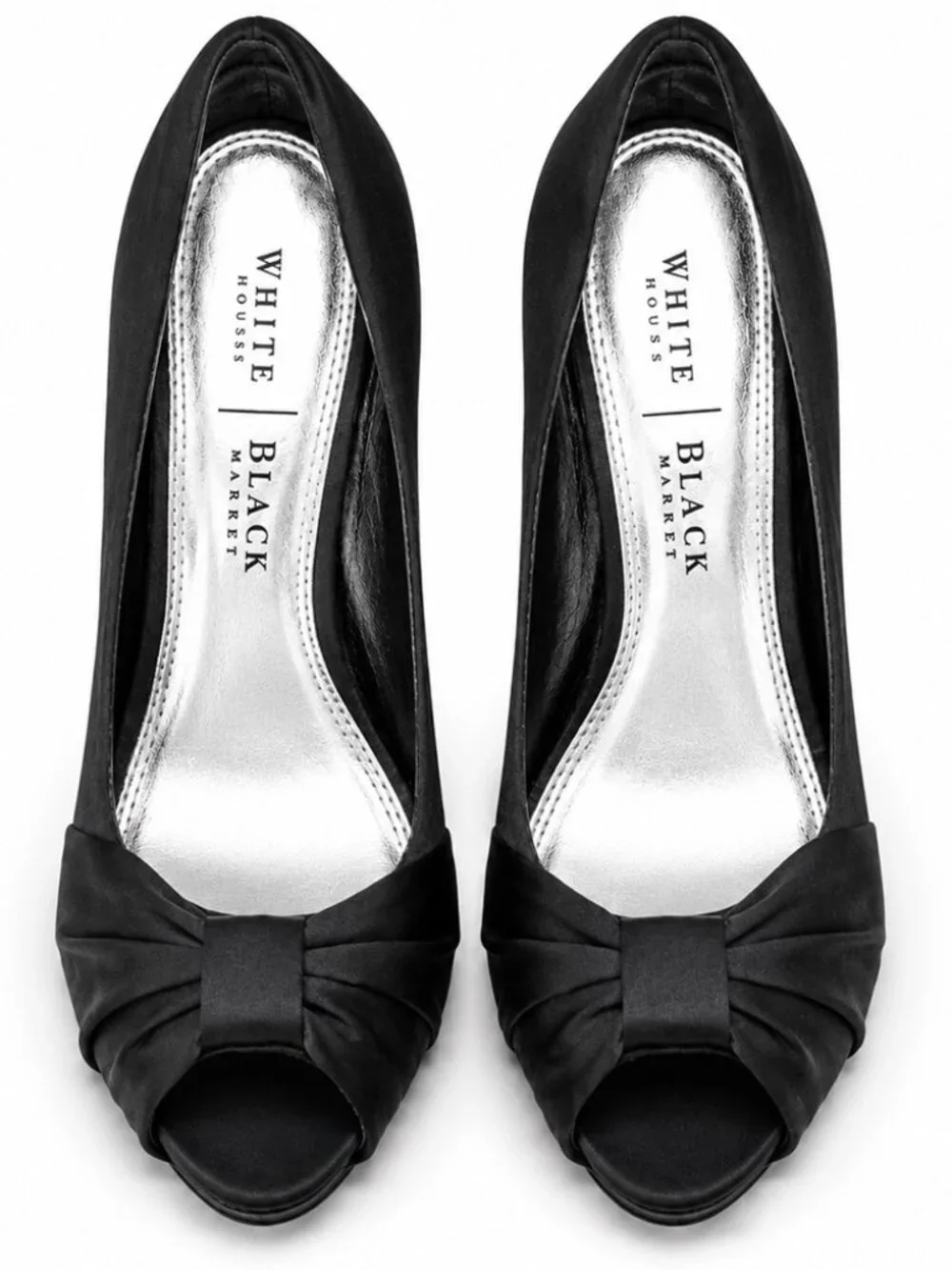 White House Black Market Black Satin Peep Toe Bow Stiletto Pumps